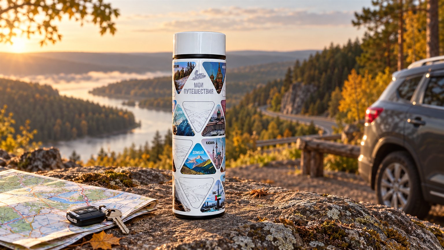 Белый Travel-термос Vospominaniya с коллажем путешествий у автомобиля на осеннем маршруте
